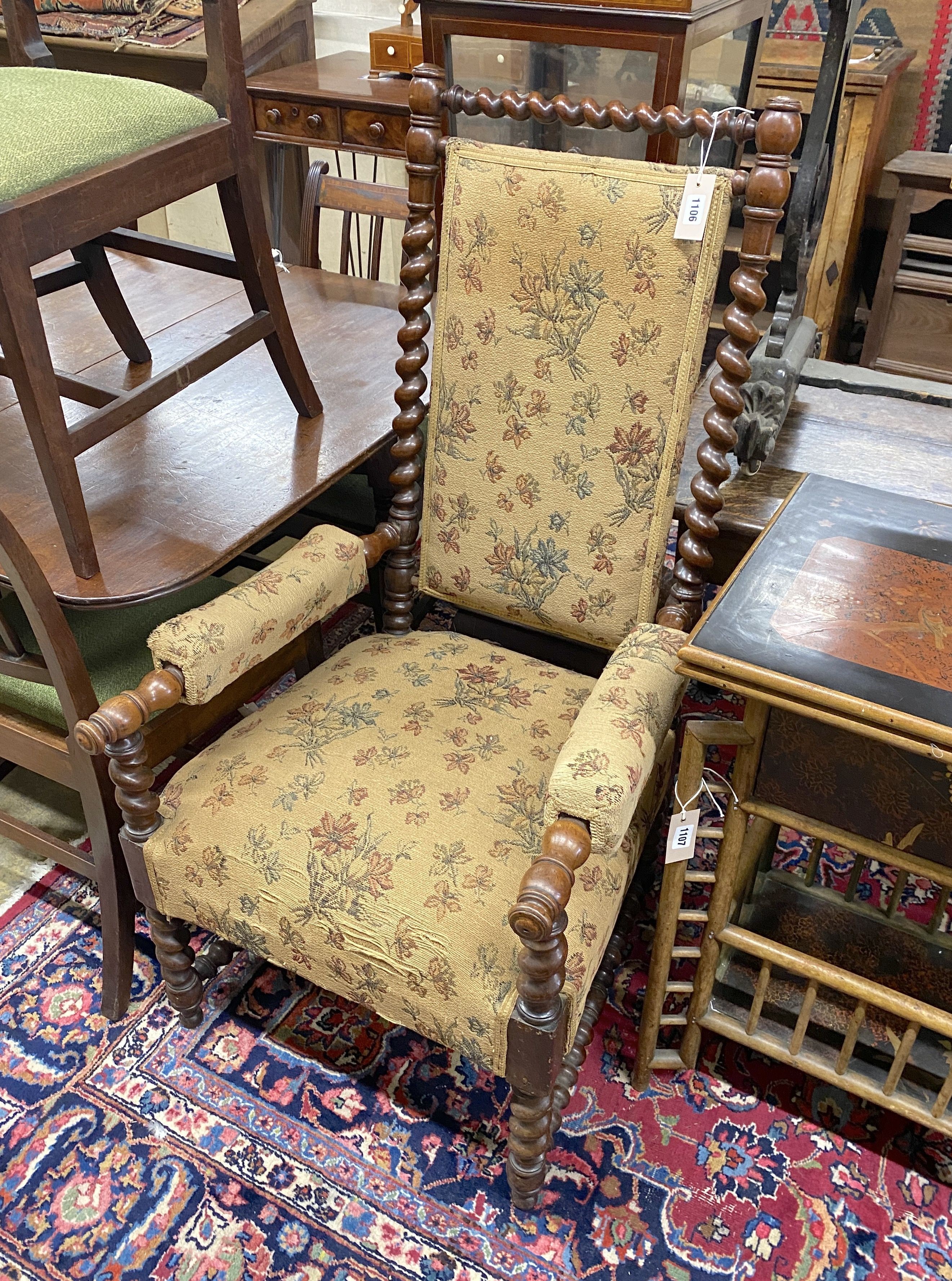 A Victorian spiral turned upholstered open armchair, width 60cm, depth 58cm, height 117cm